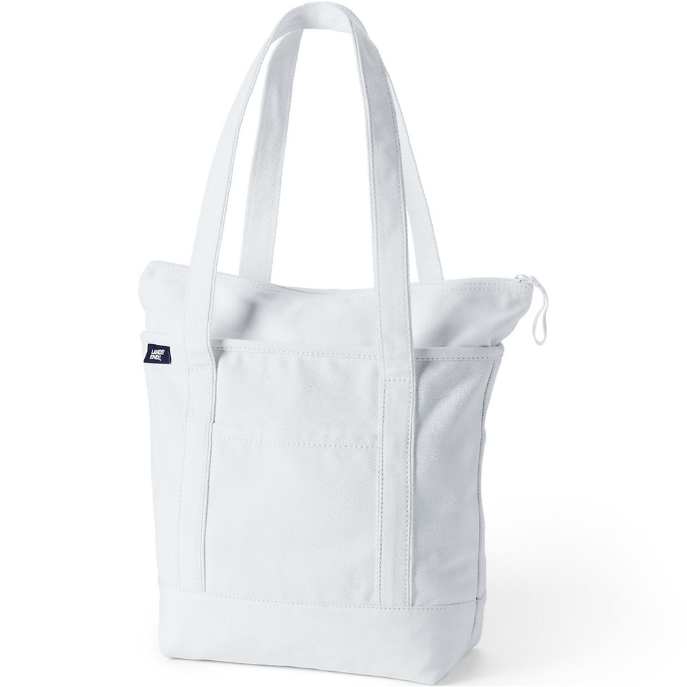 Lands’ End Medium Solid Color 5 Pocket Zip Top Long Handle Canvas Tote Bag